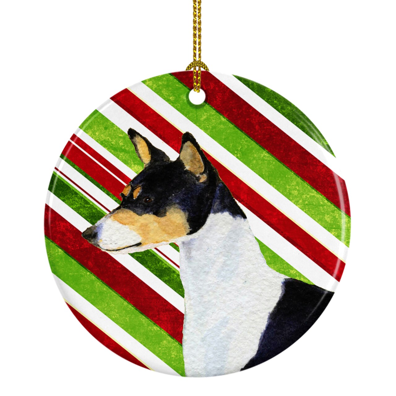 Caroline&#x27;s Treasures   SS4583-CO1 Basenji Candy Cane Holiday Christmas Ceramic Ornament, 3 in, multicolor